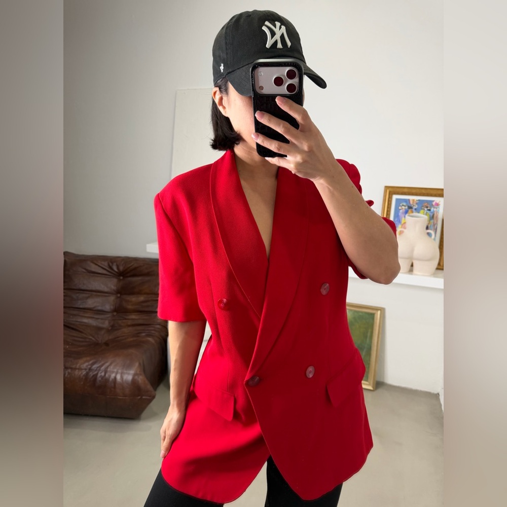 Vintage Jones New York Vibrant Red Double-Breasted Short Sleeve Blazer